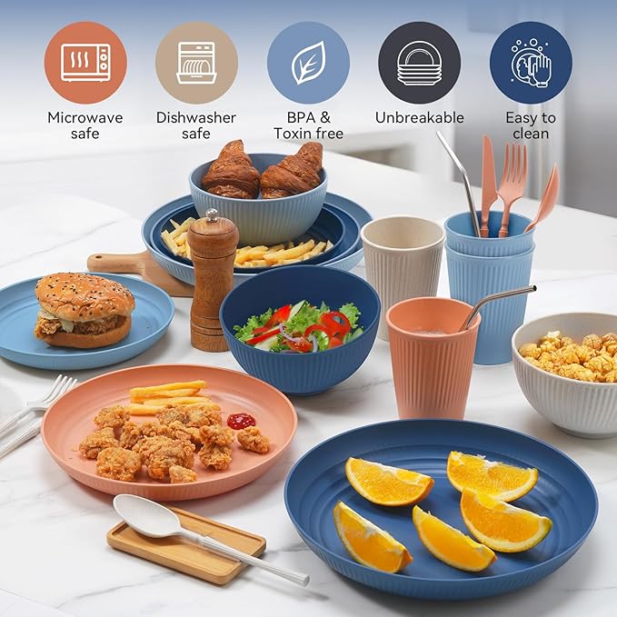 Hommaly Wheat Straw Dinnerware Sets,56-Piece Plates and Bowls Sets for 8-Unbreakable,Reusable Plastic Dish Set-Dinner Plate/Cereal Bowl/Cup/Utensils-Dishwasher Safe 56P-Seaside Road