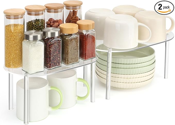 Clear Cabinet Organizer, Storage Shelf Set of 2 | Stackable Kitchen Counter Shelves for Spice Racks, Pantry & Countertop Storage | Space-Saving Bathroom/Desk Organizer