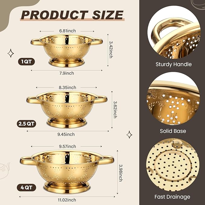 3 Pcs Gold Colander Set 1/2.5/4 Quart Stainless Steel Colander Gold Strainer Basket with Handles Kitchen Strainer for Draining Spaghetti Pasta, Rinsing Vegetables or Fruits