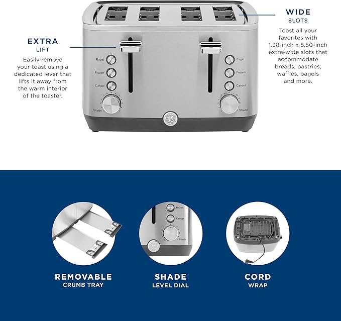 GE Stainless Steel 4 Slice Toaster | Extra Wide Slots for Bagels, Breads, Waffles & More | 7 Shade Options | Countertop Kitchen Essentials | 1500 watt