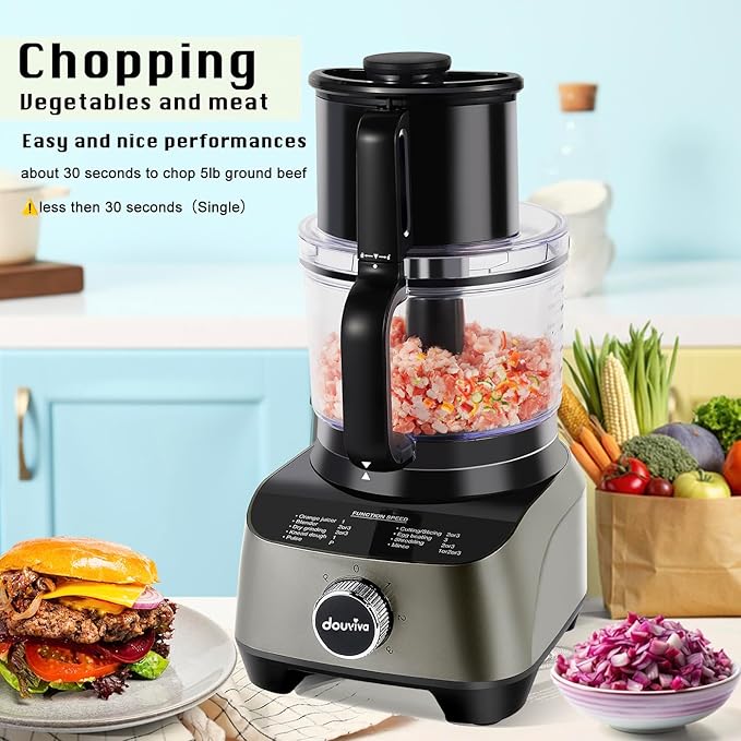 14 Cup Food Processor, French-Fry-Cutter, Blending, Mixing, Shredding, and Slicing, Meat and Vegetable Chopping, Doughing for Home Use, Mincing, and Pureeing,4 Speeds, Large Feed Chute,600W