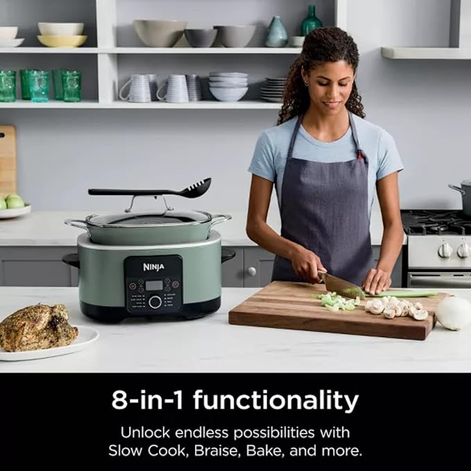 Ninja Foodi PossibleCooker PRO MC1000 8.5Qt Multicooker 8 in 1 Slow Cooker, Dutch Oven, Steam Bake Roast Sear Sauté Bread Maker Warmer, Glass Lid, Integrated Spoon, Nonstick (Sage Green)