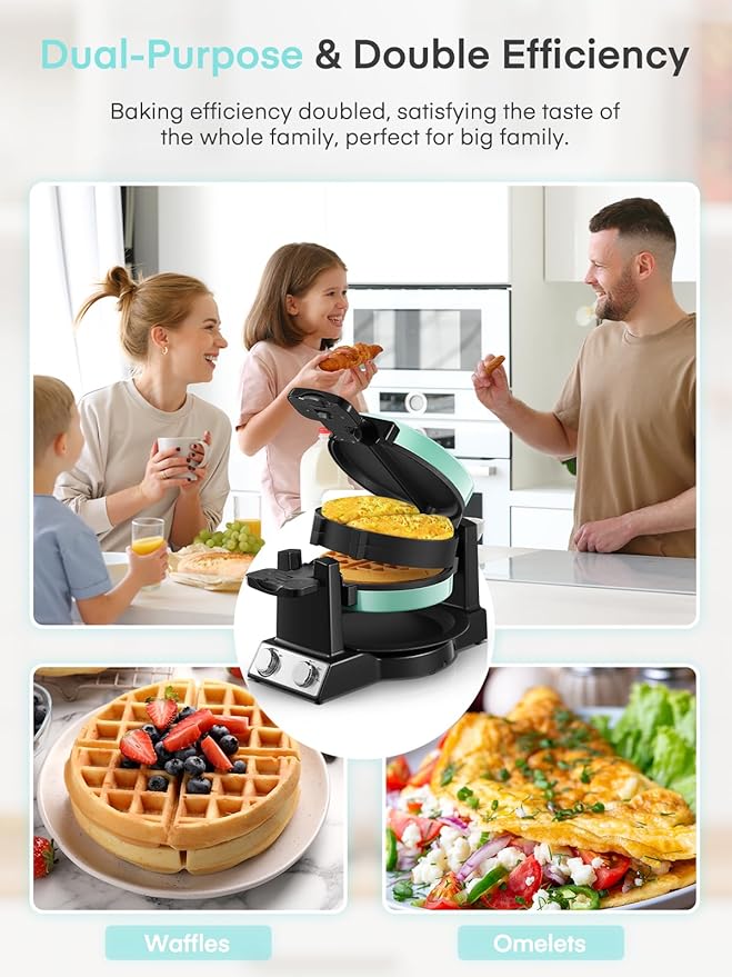 FOHERE 2-in-1 Waffle Maker & Omelette Maker, 1400W Double Belgian Waffle Iron 180° Flip, Adjustable Browning Control, Rotating & Nonstick Pans, Removable Drip Tray, Cool Touch Handle (Mint Green)