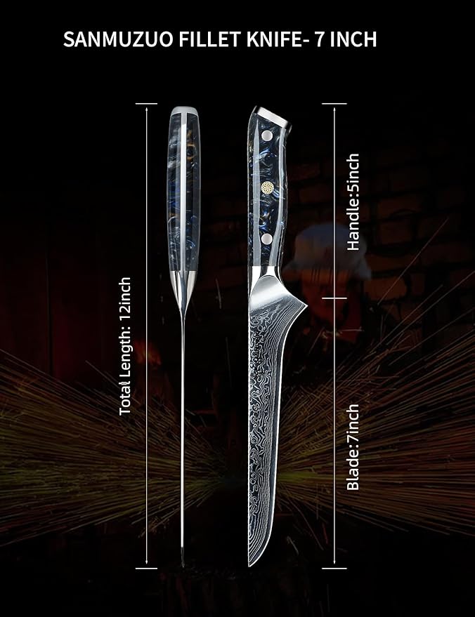 7 inch Fillet Knife, VG10 Damascus Steel Fish Boning Knife with Resin Handle - Xuan Series (Starry Black)