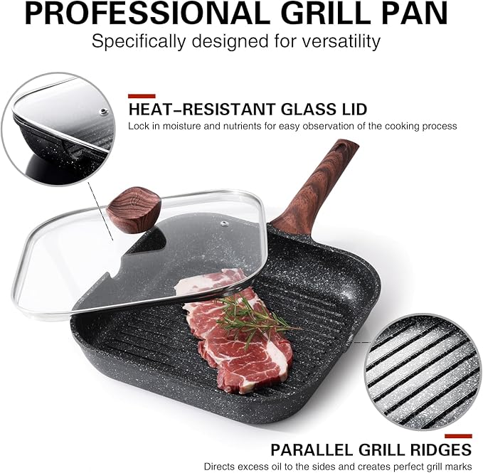 Nonstick Grilling Pan with Lid for Stove Tops, 9.5 Inch Square Grill Pan for Indoor Cooking, Granite Coating Grill Skillet with Pour Spouts, Versatile Griddle, Induction Steak Pan, PFOA Free