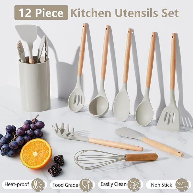 P&P CHEF Silicone Cooking Utensils Set, 12PCS Kitchen Utensils Set with Wooden Handle for Nonstick Cookware, Ladle, Spoon, Spatula, Tong, Heat-resistant & Non-scratch, Non Smell & Healthy, Khaki