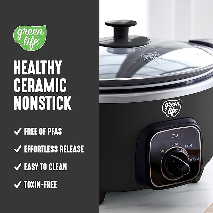 GreenLife 3.5QT Slow Cooker, Non-Toxic PFAS-Free Ceramic Nonstick Removable Interior Bowl, Programmable, Keep Warm, Stovetop & Oven Safe, Dishwasher Safe Parts, Glass Lid, Black