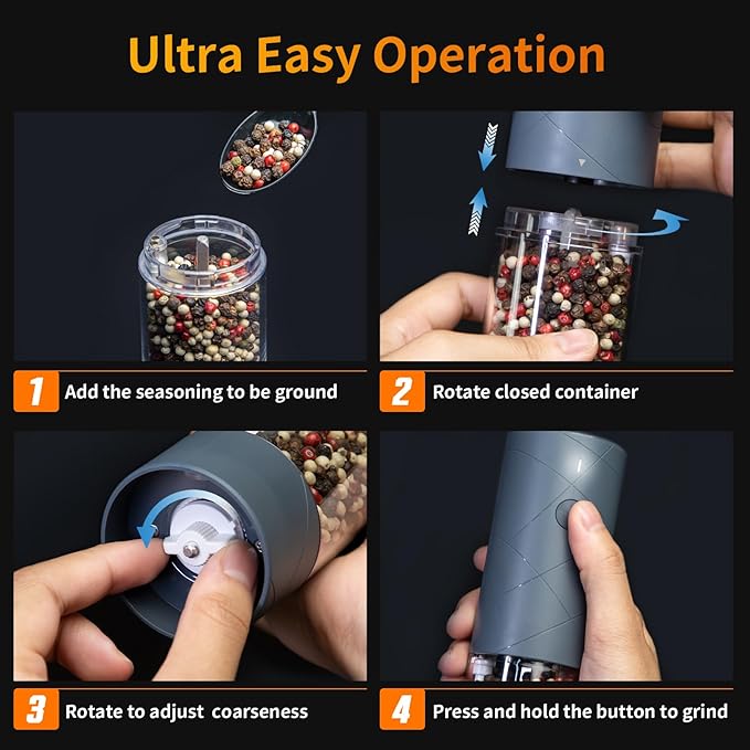 2Pack Electric Salt and Pepper Grinder Set USB Rechargeable with Warm LED Light, Adjustable Coarseness Lidaop Large Capacity Automatic Salt Pepper Mill Grinder for Kitchen, Restaurant, Outdoor (Grey)