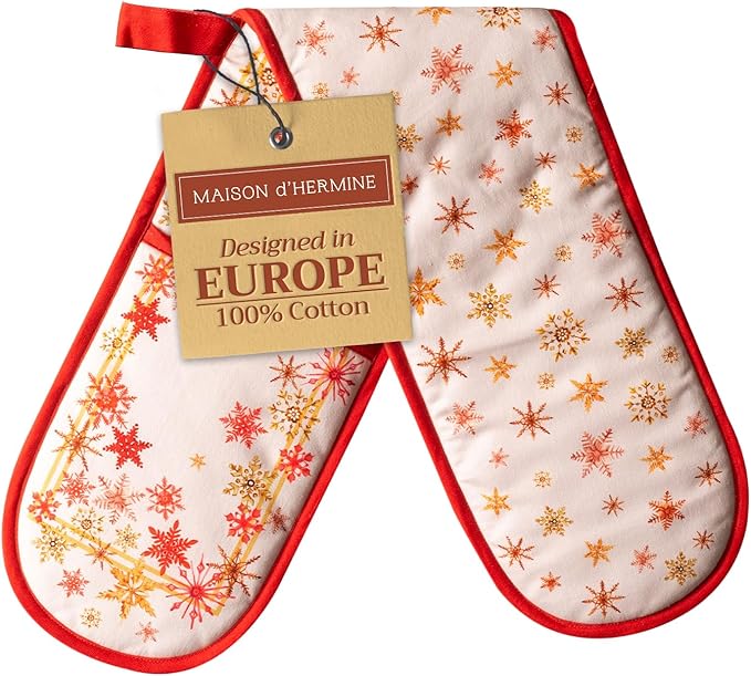 Maison d' Hermine Double Oven Mitts 100% Cotton 7"x35" Double Oven Mitt Heat Resistant BBQ Cooking Gloves with Loop, Baking, Grilling, Home, Kitchen, Handling Hot Pans (Crystal Star)