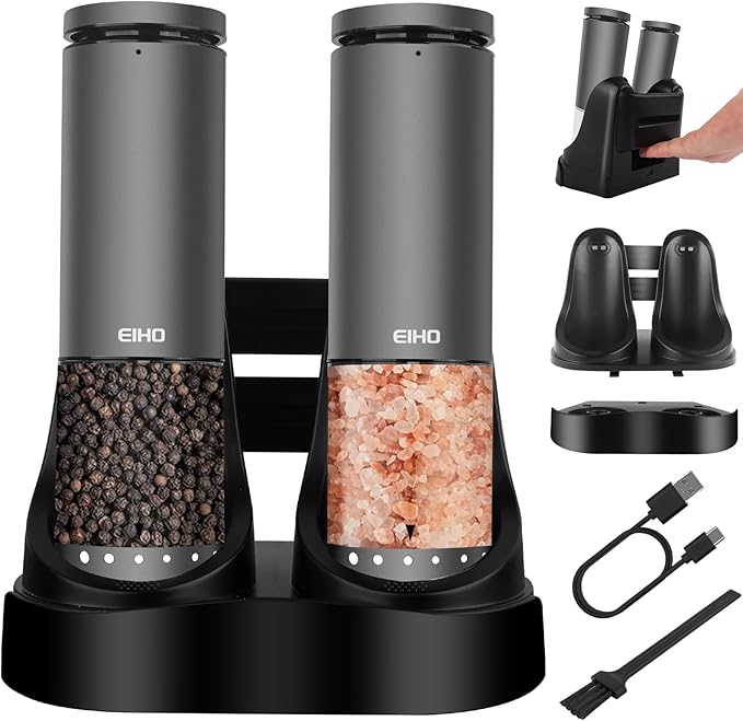 EIHO Electric Salt and Pepper Grinder Set USB Rechargeable, Upgraded External Adjustable Coarseness, Aluminum Alloy Automatic Salt and Pepper Shakers Mills with LED Light, House Warming Cooking Gifts
