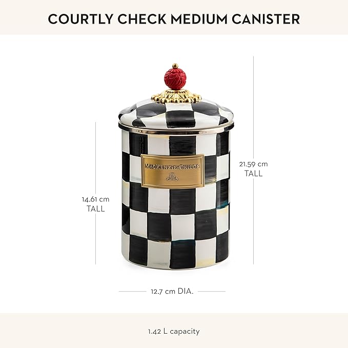 MACKENZIE-CHILDS Medium Enamel Canister, Kitchen Storage Container for Flour and Sugar, 1.42 Liters, Black-and-White Courtly Check