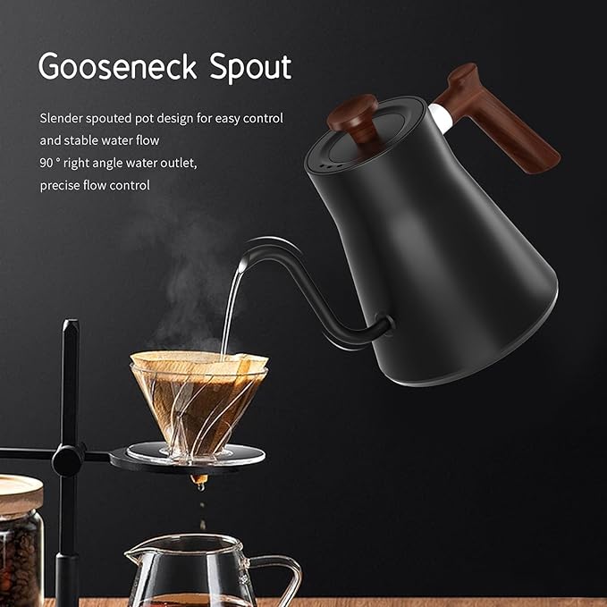 Gooseneck Electric Kettle,Electric Kettles, ±1℉ Temperature Control, Ultra-Quiet 304 Stainless Steel, for Coffee, Tea & Milk, Auto Boil Detection, 8 Safety Protections & Memory Function(Black,0.9L)