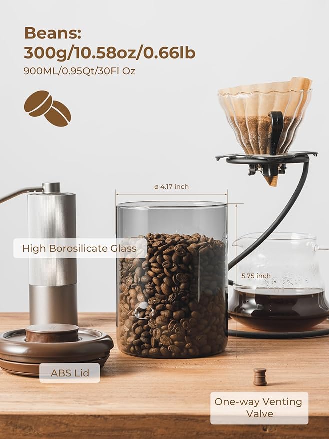 Ground Coffee Glass Container Airtight 900 ml – Pop Top Ground Coffee Canister with CO₂ Valve, 11 Oz Coffee Bean Container, UV Resistant