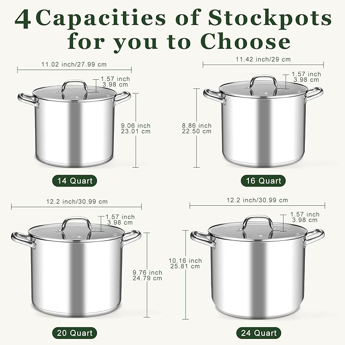 Leonyo 16 Quart Stock Pot With Lid, 18/10 Stainless Steel Stockpot, large Induction Cooking Pot with Visible Lid for Pasta, Soup, Spaghetti, Tri-Ply Bottom & Heavy Duty, Various Stovetops Suitable