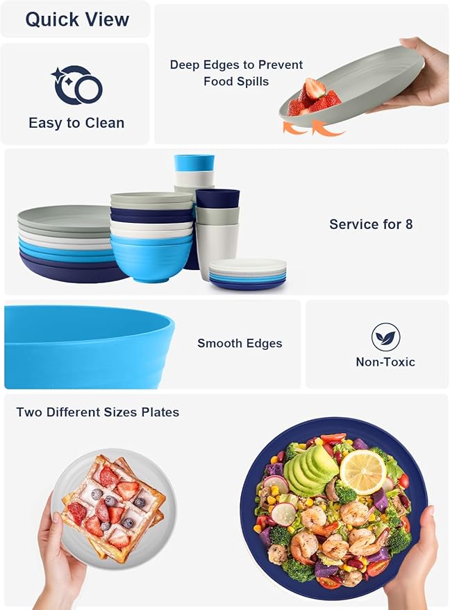 Homienly 32 PCS Plates and Bowls Sets, Unbreakable Wheat Straw Dinnerware Set, Microwave and Dishwasher Safe Dinnerware Sets, LIghtweight Dish Set for KItchen, Camping, Party - Island Series