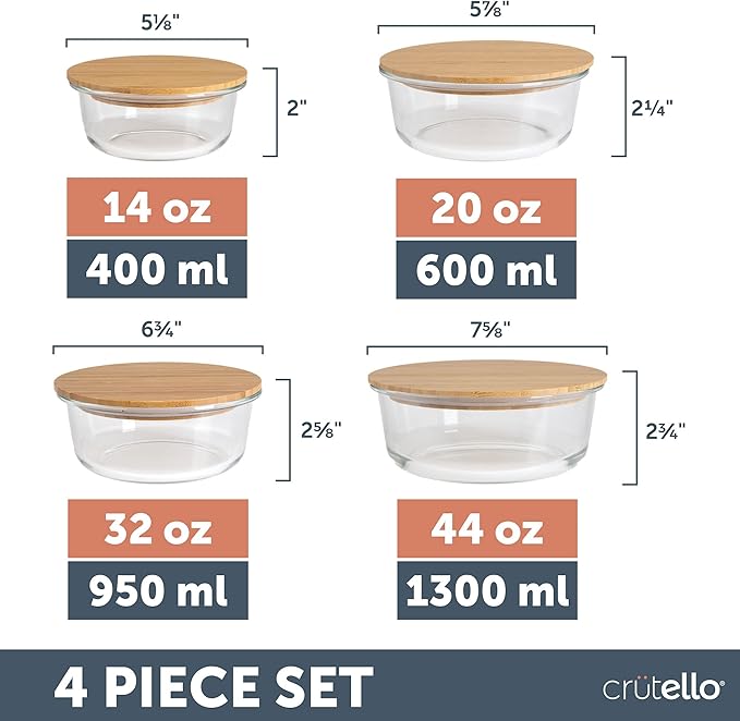 Crutello Glass Meal Prep Containers with Bamboo Lids, 4 Pack - Airtight Clear Food Storage Canisters for Kitchen Organization - A Family-Owned American Brand