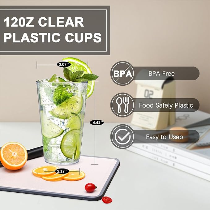 100 Count 12 oz Clear Plastic Cups, Plastic Drinking Cup for Party, Heavy-duty Party Glasses, Disposable Clear Cups for Water, Juice, Soda, Ice Coffee