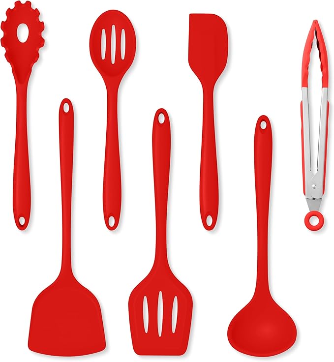 Herogo Silicone Cooking Utensils Set, 7-Piece Kitchen Utensils Set, Heat Resistant Cooking Gadget Tools Slotted Turner, Spoon, Soup Ladle, Pasta Server, Spatula, Tongs for Nonstick Cookware, Red