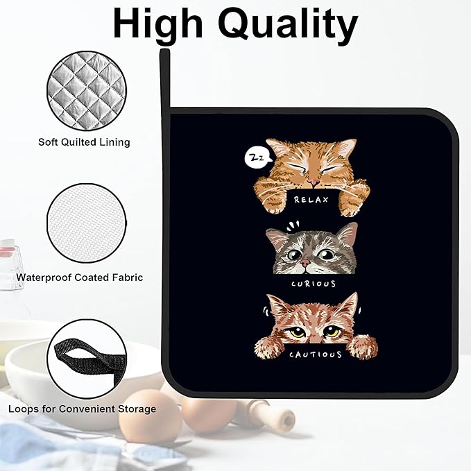 Cute Cats Mood Pot Holders 2 PCS for Kitchen, Heat Resistant Hot Pads for Cooking Grilling Baking BBQ, Pot Holders for Women Cook Essentials Accessories Home Microwave
