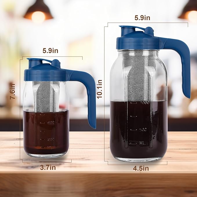 Cold Brew Coffee Maker Pitcher,32 Oz Glass Mason Jar Pitcher with V-shaped Pour Spout Handle Lid,Stainless Steel Filter for Iced Coffee,Iced tea,Breast Milk,Fruit Drinks,lemonade-Blue