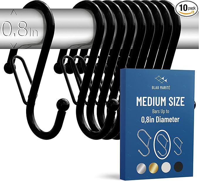 10-Pack Metal S Hooks for Hanging – Heavy-Duty S-Shaped Hook with Safety Buckle – Fits Bars up to 0.8 in – Anti-Drop S-Hooks for Kitchen, Bathroom, Closet & Pot Racks – Black (Medium)