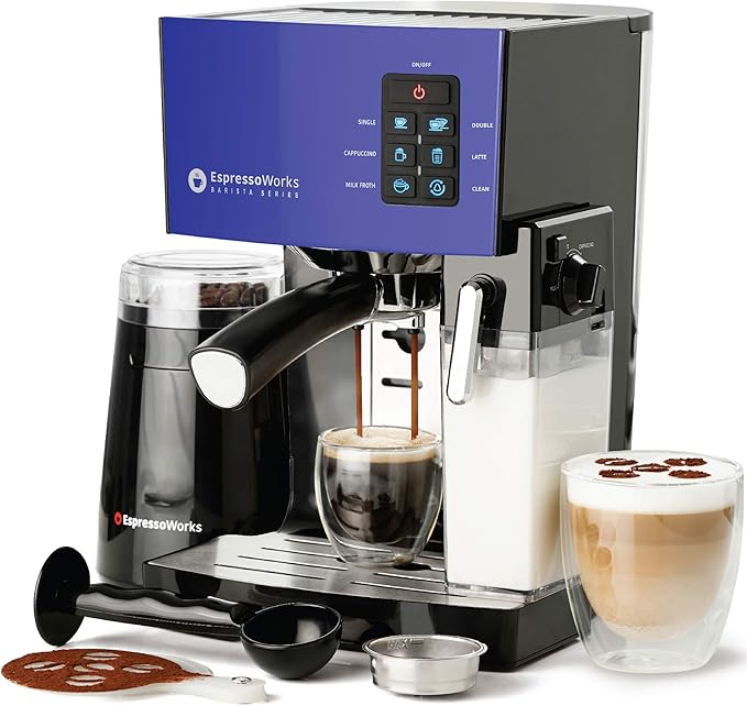 EspressoWorks 19-Bar Espresso, Cappuccino and Latte Maker 10-Piece Set - Brew Cappuccino and Latte with One Button - Espresso Machine with Milk Steamer 1250W - Coffee Gifts (Blue)