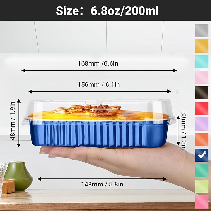 EUSOAR Dessert Cups with Lids, 100pcs 6.8oz Aluminum Foil Mini Loaf Cake Pan Tin with Lids, Disposable Baking Cups Ramekins Creme Brulee Hoder Containers for Birthday Wedding Party -Royal Blue