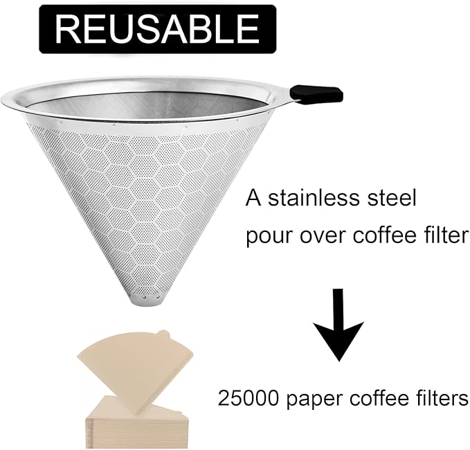 Pour Over Coffee Filter Compatible with Chemex & Hario V60 02 03, Reusable Stainless Steel Metal Cone Slow Drip Coffee Filter, 2-4 Cups Coffee Pour Over Dripper Filters