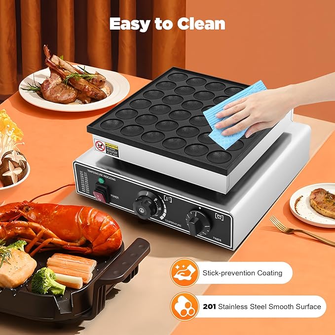 950W Commercial Mini Pancake Maker, 36 Grids Electric Mini Pancake Griddle Non-Stick Stainless Steel Dutch Pancake Maker w/Time & Temper Adjustable|Oil Brushes|Whisk,Large Waffle Machine forRestaurant