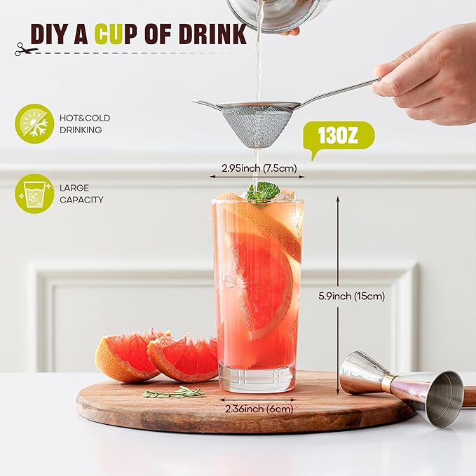 Highball Glasses Set of 6, 13oz Tall Drinking Glasses, Water Glass for Kitchen, Tom Collins Glasses, Mojito Glass Cups, Cocktail Glasses for Bar Glassware