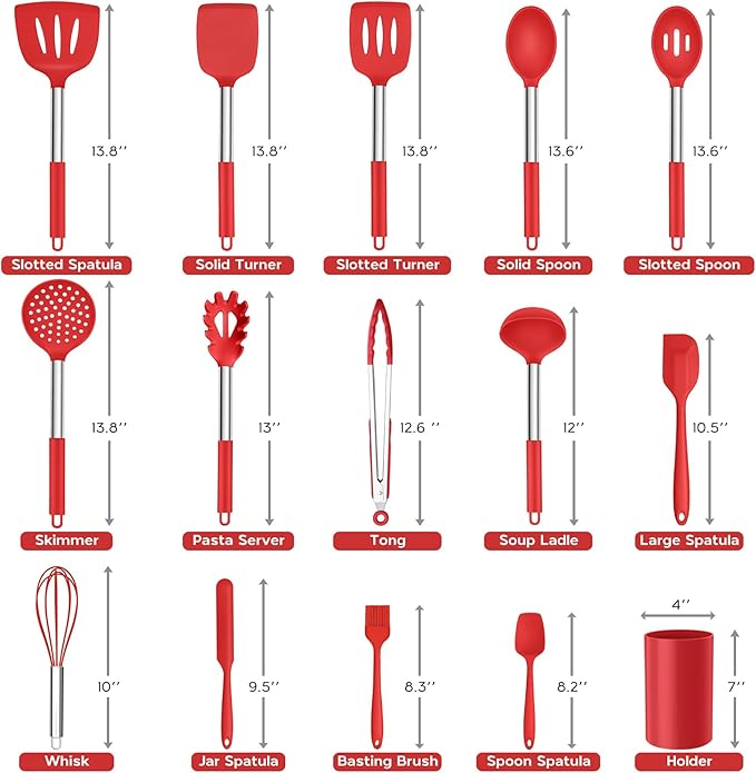 15 Pcs Silicone Cooking Utensils Set, Red Kitchen Utensils Spatula Set with Holder, Large Kitchen Gadgets Tools for Nonstick Cookware