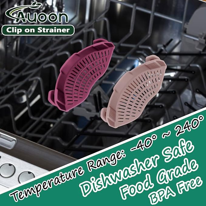 AUOON Clip on Strainer for Pots and Pans - Silicone Food Strainer for Draining Pasta, Spaghetti, Noodles, Fruits, Vegetables, Grease, Ground Beef (Almond Rose)