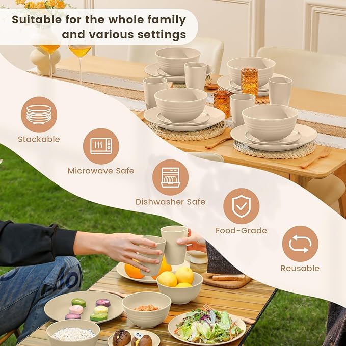 Homienly Premium Wheat Straw Dinnerware Sets, Lightweight & Unbreakable Plates and Bowls Sets,Cups,Service for 4,Dishwasher and Microwave Safe 16 PCS Dish Sets for Home,Camping- Beige