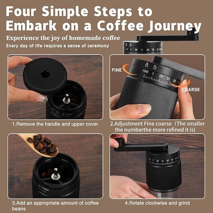 Manual Coffee Grinder - 95 Ceramic Burr, Adjustable Coarse to Fine, 30g Beans & 80ml Powder, Detachable Handle for Espresso, French Press, Camping (Black)