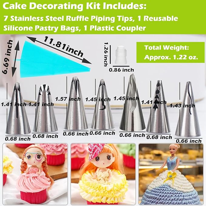 Suuker 9 Pieces Ruffle Piping Tips Set, Stainless Steel Vintage Cake Piping Tips Pleated Skirt Piping Nozzles Set, Cake Decorating Tips for Cake Cupcakes Cookies