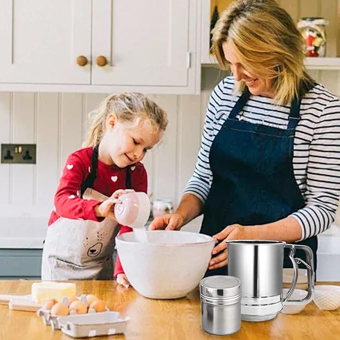 Flour Sifter, 3 in 1 Stainless Steel Sifter for Baking, 3 Cup Double Layer Fine Mesh Sifter, Powdered Sugar Shaker Duster Set for Baking Cakes, Pastries, Pies, Cupcakes and Desserts