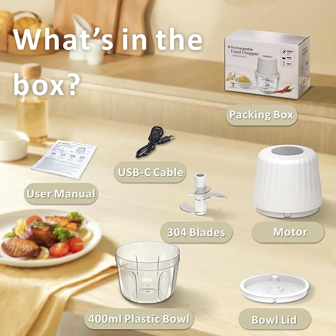 Mini Food Chopper Cordless, 400ml Small Food Processor 1.6Cup, Battery USB-C Rechargeable Electric Garlic Chopper Wireless, Portable Meat Grinder Mincer Veggie Blender Kitchen Mixer w/ 6 Blades, White