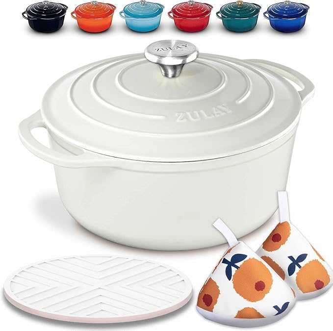 Zulay Kitchen 5 Quart Enameled Cast Iron Dutch Oven with Lid,Silicone Trivet & Heat Pad – Premium Durability & Oven Safe up to 500°F– Heavy Duty Cookware Perfect for Bread Baking, Stews, Braising & Roasting – White