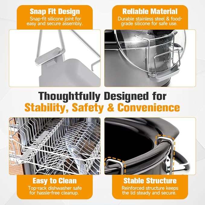 SOPHICO Slow Cooker Lid Holder for Cooking, Hand Free Pot Lid Organizer, Stainless Steel Rack with Silicone Sink, Fits Most Slow Cookers, Keeps Countertop No Mess (Grey, 2 Pack)