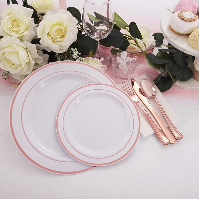 WDF 120 pieces Rose Gold Plates Disposable - Heavy Duty Rose Gold Plastic Plates Perfect for Mother's Day, Wedding, Birthday