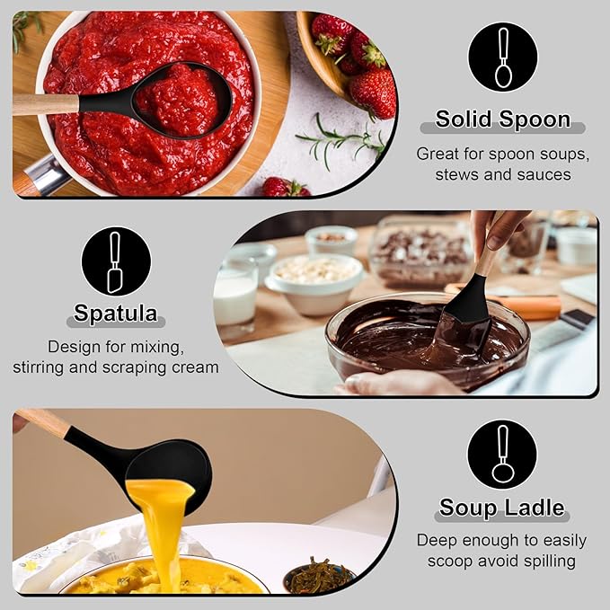P&P CHEF Cooking Utensils Set, 6 PCS Kitchen Utensils with Wooden Handle, Silicone Spatula for Nonstick Cookware, Easy Clean & Non-toxic, Black