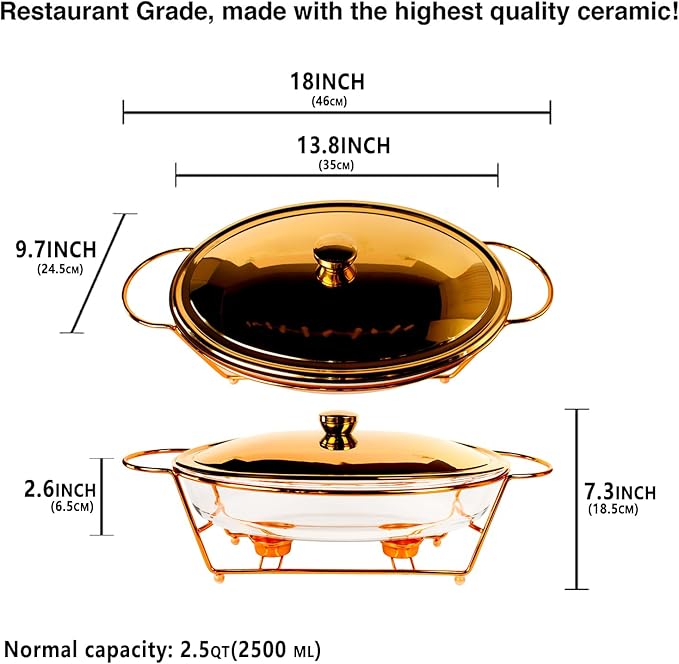 Casserole Dish 13" x 9"Glass Baking Dish with Stainless steel Lid and Golden rack, 2.5 Qt Oval Baking Pan For Casserole & Lasagna, Microwave Dishwasher Freezer Oven Safe