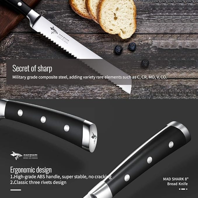 MAD SHARK Bread Knife 10 Inch Pro Serrated Bread Cutter, German High Carbon Stainless Steel Ultra Sharp Cake Knife with Ergonomic Handle, Ideal for Bread, Cakes, Bagels, and More