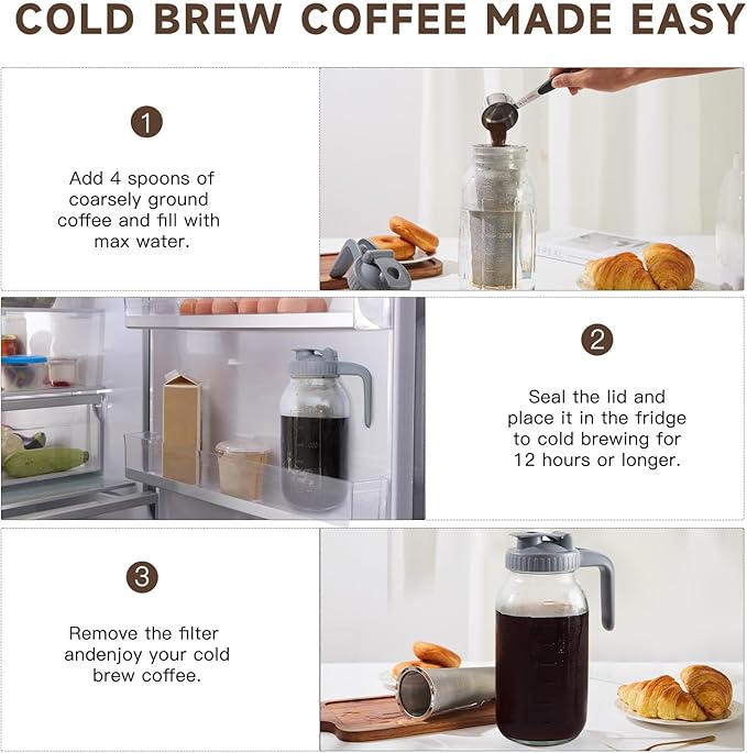Cold Brew Coffee Maker Pitcher, 64 OZ Heavy Duty Glass Wide Mouth Mason Jar Pour Spout Airtight Lid with Stainless Steel Infuser Filter for Iced Coffee, Ice Tea, Brewed Making