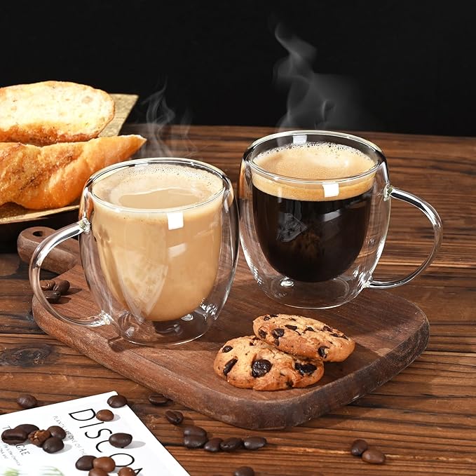 Espresso Cups Set of 2, Double Walled Glass Coffee Mugs 5 oz, Clear Insulated Glass Coffee Cups, Expresso Shots Cup with Handle, Clear Coffee Mug, Espresso Shot Cups, Glass Cups
