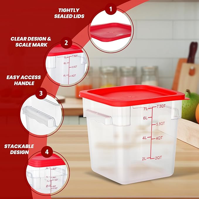 4 Pack 8 Quart Food Storage Containers with Lids, Polycarbonate Square Commercial Food Containers, NSF, Clear, New Version