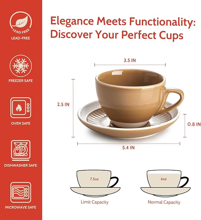 Sweese 6 Ounce Cappuccino Cups with Saucers, Porcelain Double Espresso Cups Set of 4 - Yellow