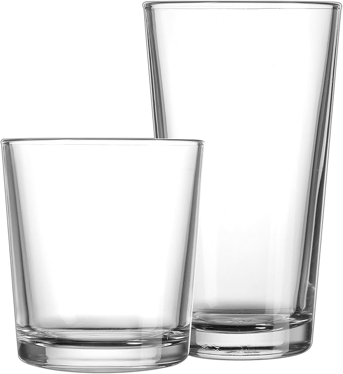Glaver's Drinking Glasses Set of 12. Glassware set, 6 Highball Glass Cups, 6 Whiskey glasses.17 oz Tall Glass Set and 13 oz Rock Glasses. Classic Drinkware Set