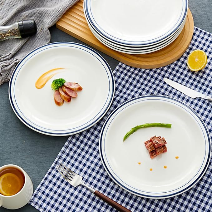 10.5-inch Porcelain Dinner Plate Set of 6 - Microwave, Oven and Dishwasher Safe, Scratch Resistant. (Classic Blue)