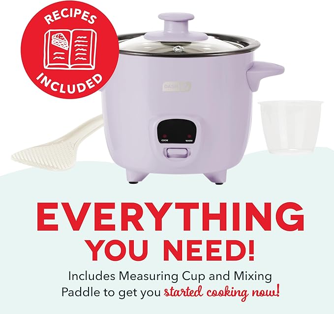 Dash Mini Rice Cooker Steamer with Removable Nonstick Pot, Keep Warm Function & Recipe Guide, 2 cups, for Soups, Stews, Grains & Oatmeal - Lavender